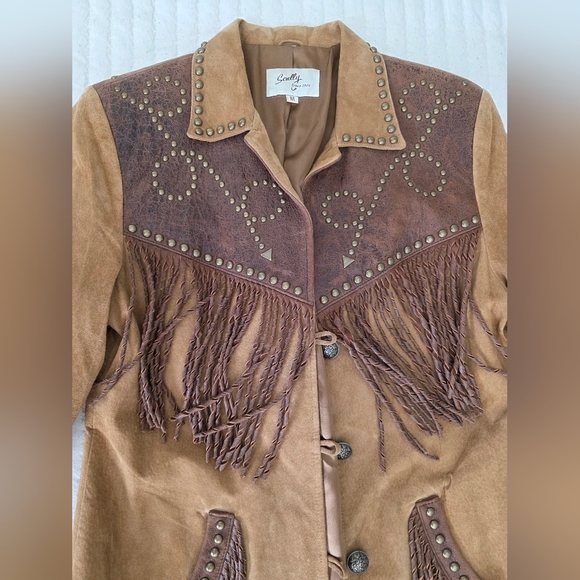 Scully Jackets & Blazers - Womans Scully Leather Western Jack Two-Tone Brown Suede Fringe Stud Jacket